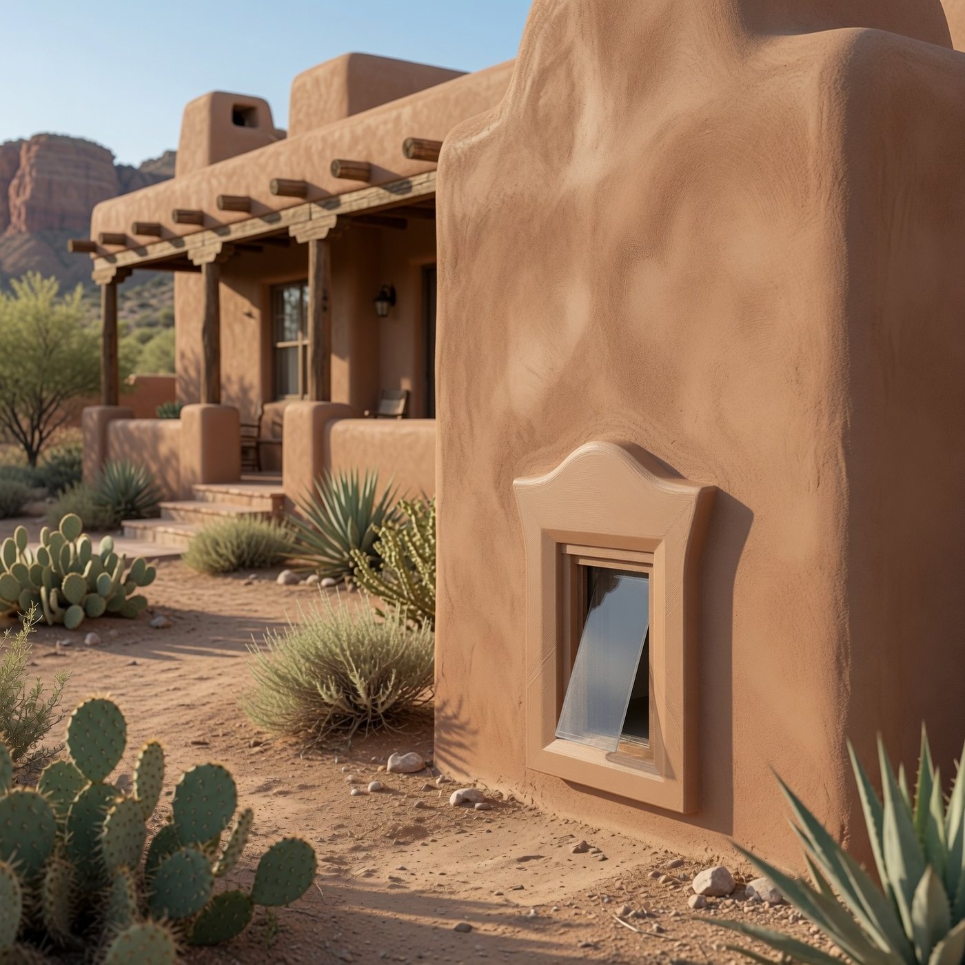 The Arizona — a desert tan arched frame clipped over an existing dog door on an adobe home