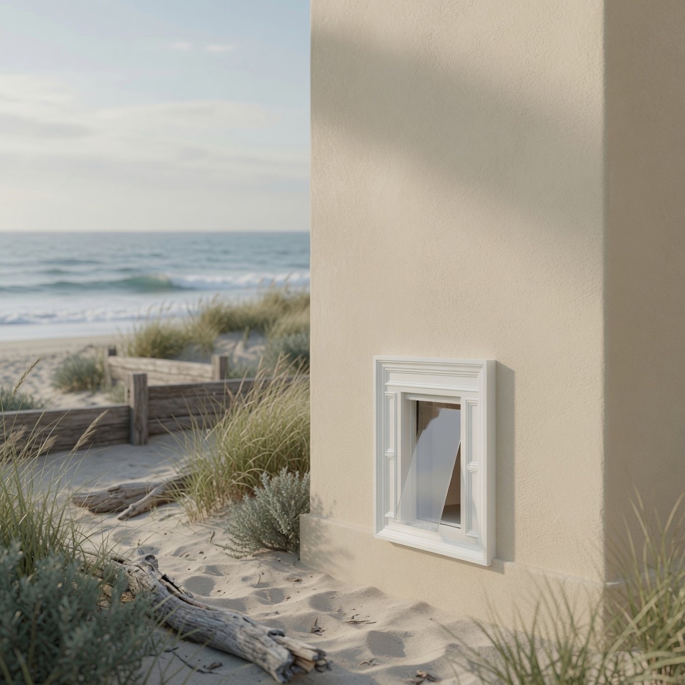 The California — a white classical Portico frame clipped over a dog door on a beachfront stucco home