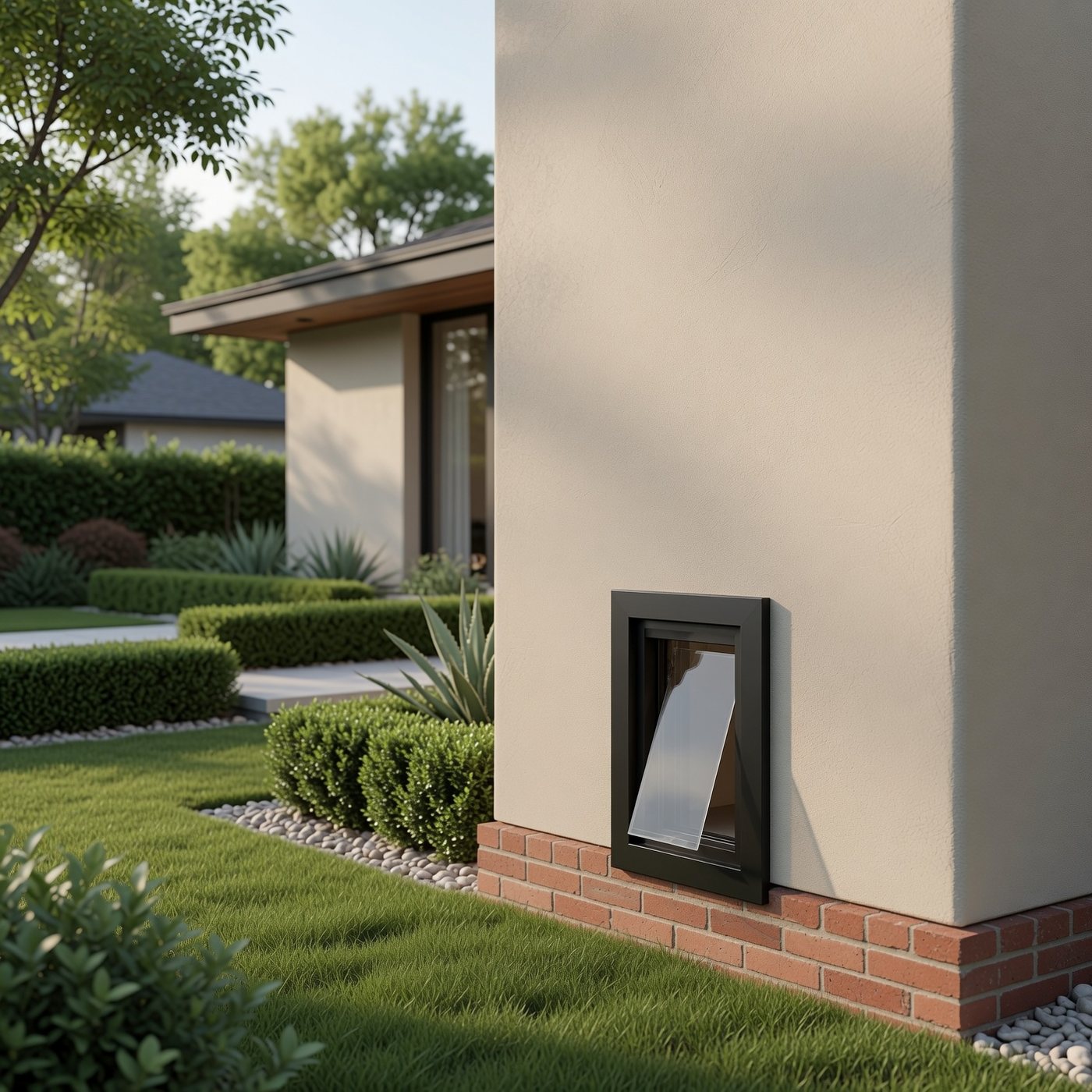 The Dallas — a matte black modern frame clipped over an existing dog door on a stucco home